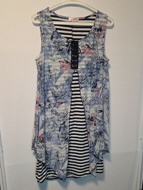 Le Grenier Boho Floral Midi Dress Stripe Layered Lace Up Blue M